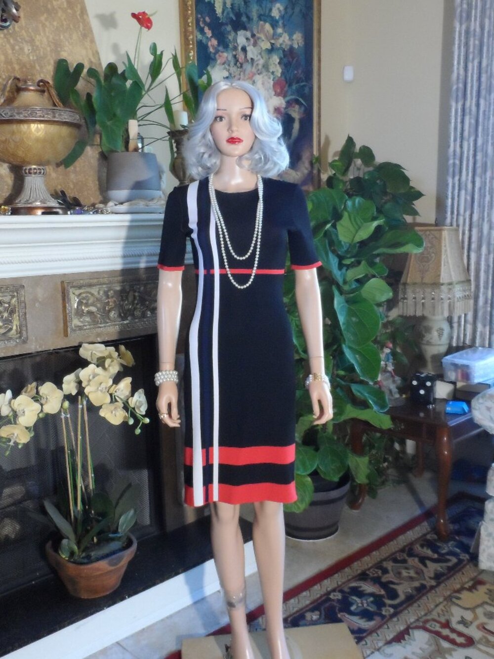 St. John Black Knit Sheath Dress w/Red White Blue Stripe Detail Size 2